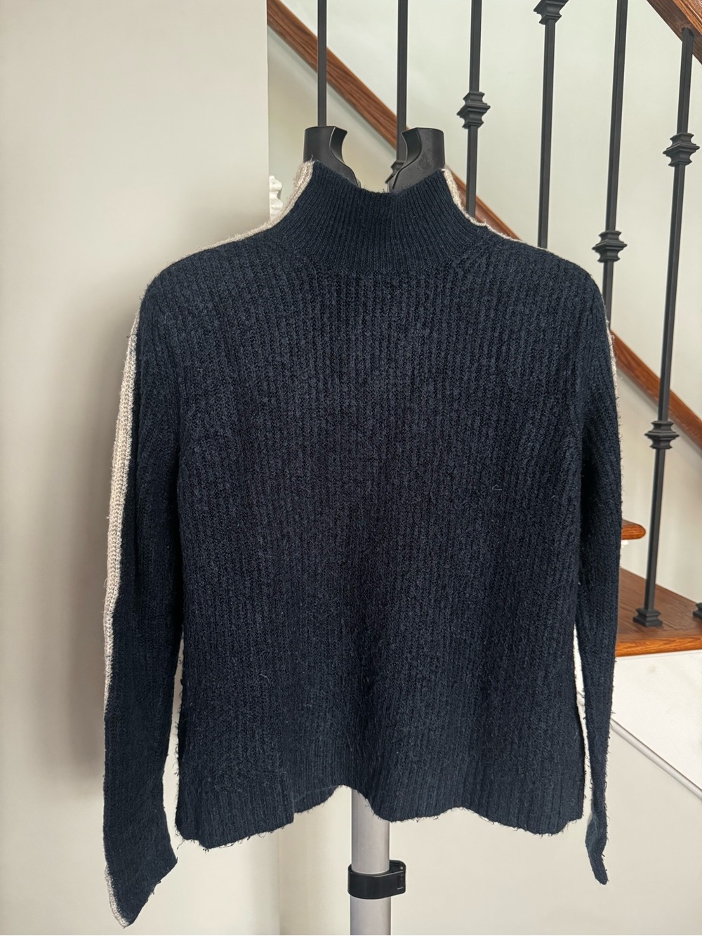Abercrombie & Fitch Black Mock Neck Sweater with Cream Side Stripes